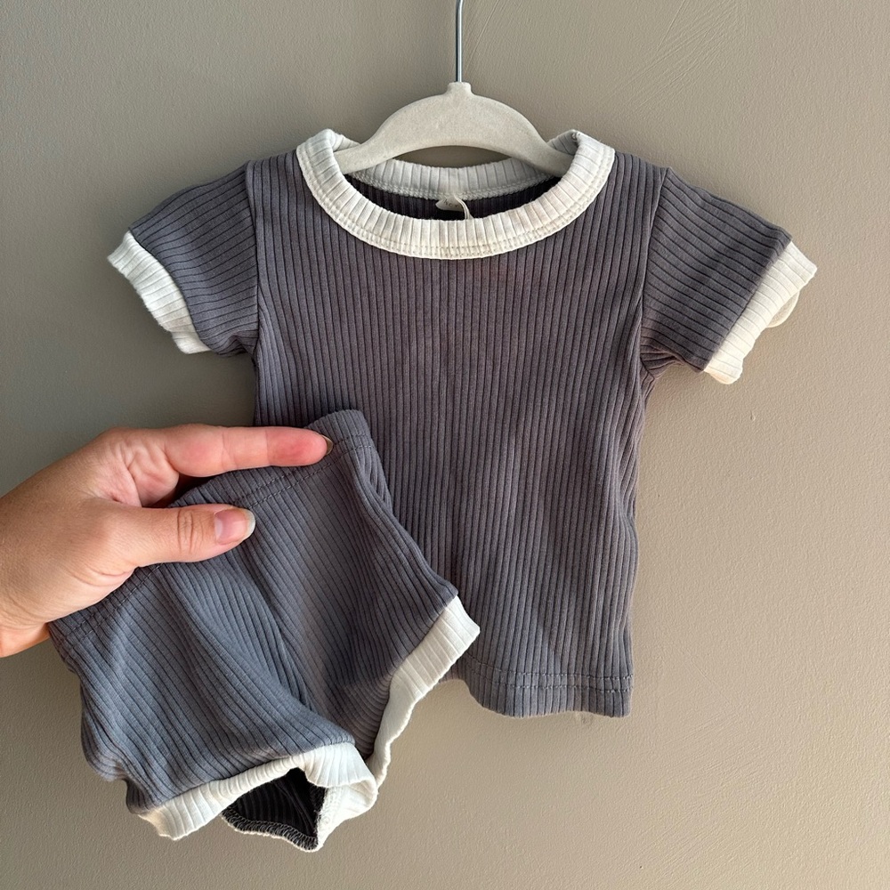 Quincy Mae Charcoal and Cream Ribbed Shorts and Tee Shirt Set